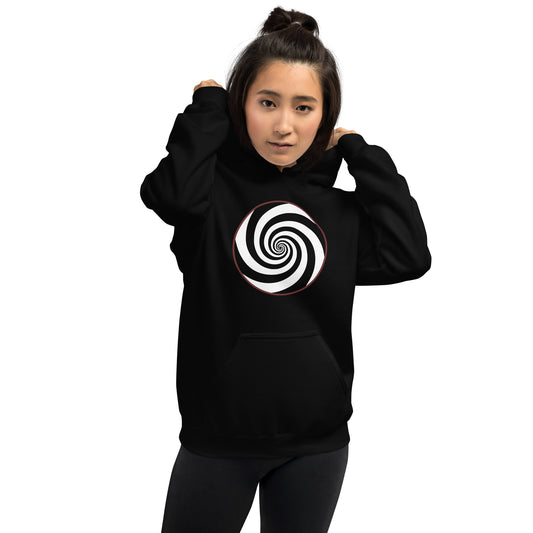 Hypnotic Spiral Illusion design on unisex hoodie, front view