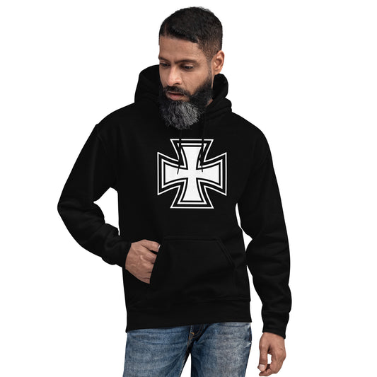 Black White Iron Cross design on unisex hoodie, front view