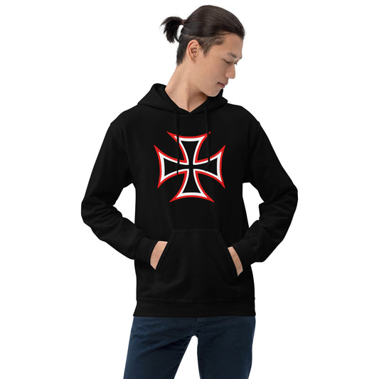 Red White Iron Cross design on unisex hoodie, front view