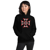 Red White Iron Cross design on unisex hoodie, front view