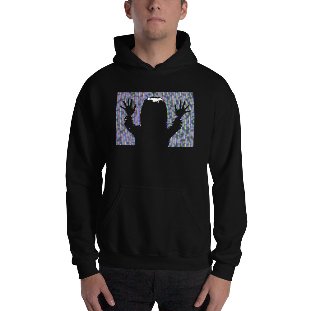 They're Here Poltergeist design on unisex hoodie, front view