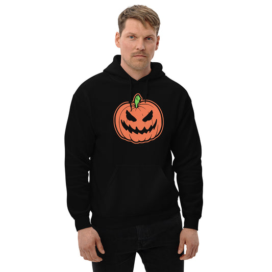 Scary Jack O' Lantern design on unisex hoodie, front view