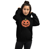 Scary Jack O' Lantern design on unisex hoodie, front view