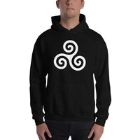 White Triskelion design on unisex hoodie, front view