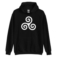 White Triskelion design on unisex hoodie, front view