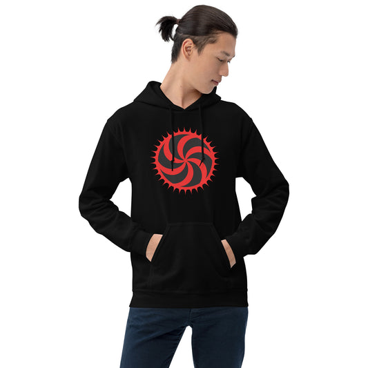 Red Deadly Swirl design on unisex hoodie, front view