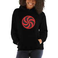 Red Deadly Swirl design on unisex hoodie, front view