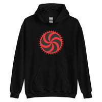 Red Deadly Swirl design on unisex hoodie, front view