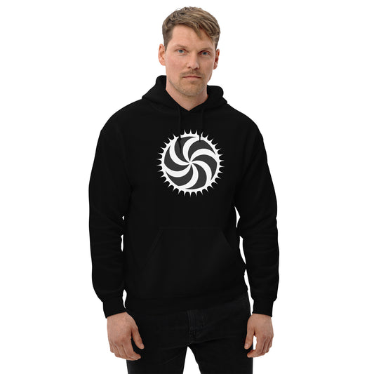White Deadly Swirl design on unisex hoodie, front view