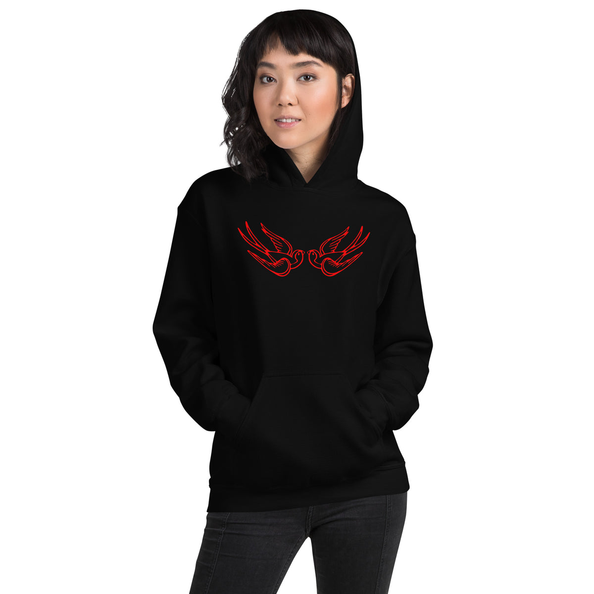 Red Falling Sparrows design on unisex hoodie, front view
