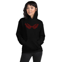 Red Falling Sparrows design on unisex hoodie, front view