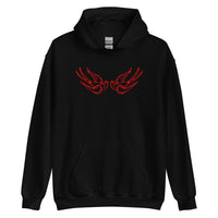 Red Falling Sparrows design on unisex hoodie, front view