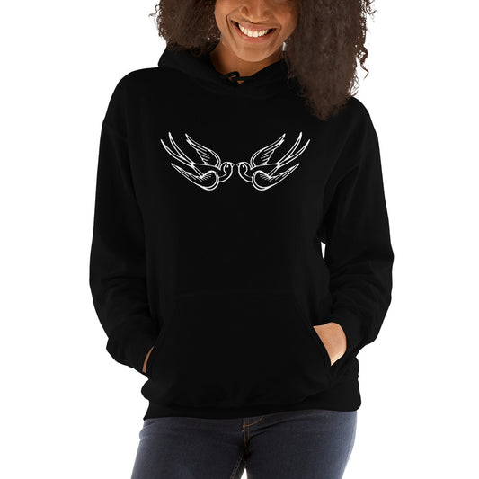 White Falling Sparrows design on unisex hoodie, front view