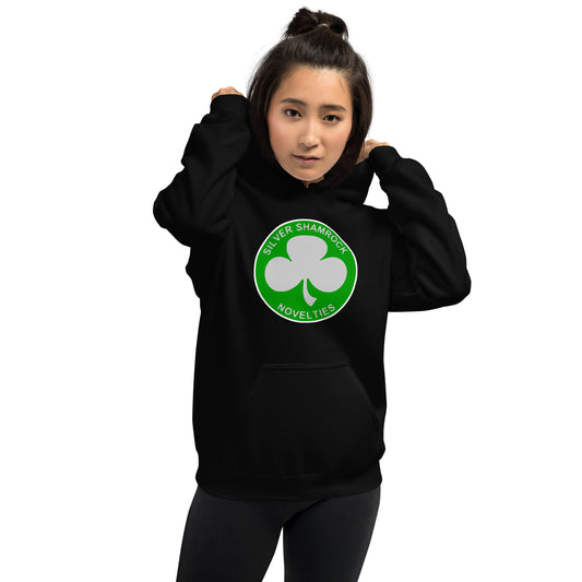 Silver Shamrock Novelties design on unisex hoodie, front view