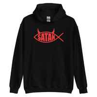 Red Satan Fish design on unisex hoodie, front view