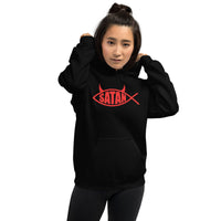 Red Satan Fish design on unisex hoodie, front view