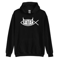 White Satan Fish design on unisex hoodie, front view