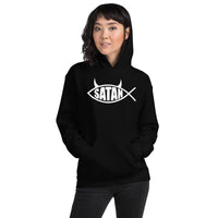 White Satan Fish design on unisex hoodie, front view