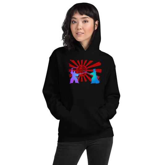 Samurai Duel Rising Sun design on unisex hoodie, front view
