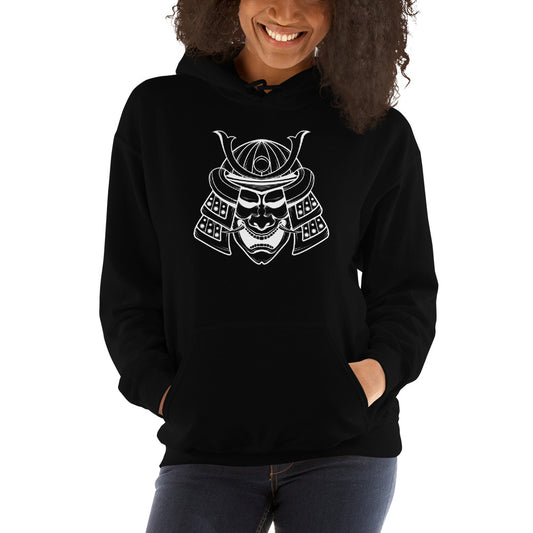 White Samurai Kabuto Mask design on unisex hoodie, front view