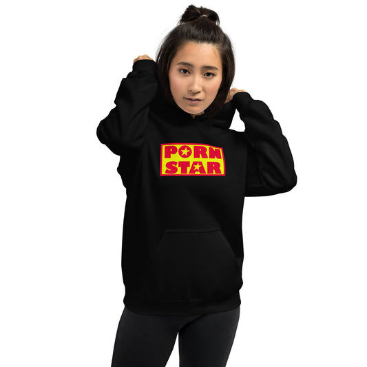 Yellow Red Porn Star Logo design on unisex hoodie, front view