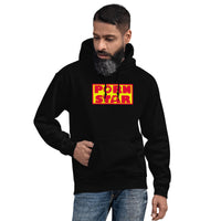 Yellow Red Porn Star Logo design on unisex hoodie, front view