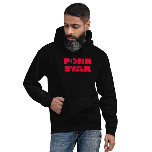 Red Porn Star Logo design on unisex hoodie, front view
