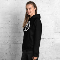 White Inverted Pentagram design on unisex hoodie, left-front view