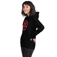 Red Inverted Pentagram design on unisex hoodie, left-front view