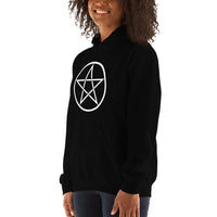 White Wiccan Pentagram design on unisex hoodie, left-front view