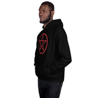 Red Wiccan Pentagram design on unisex hoodie, left-front view