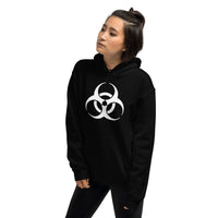 White Biohazard Symbol design on unisex hoodie, left-front view