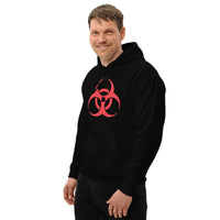 Red Biohazard Symbol design on unisex hoodie, left-front view