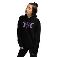 Purple Triple Moon Goddess design on unisex hoodie, left-front view