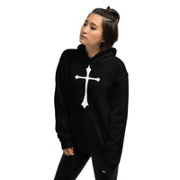 White Medieval Cross design on unisex hoodie, left-front view