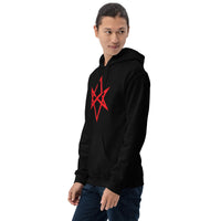 Red Unicursal Hexagram design on unisex hoodie, left-front view