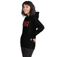 Black Red Gothic Stripes design on unisex hoodie, left-front view