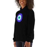 Classic Evil Eye design on unisex hoodie, left-front view