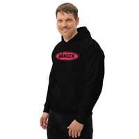 Red Danger Sign design on unisex hoodie, left-front view