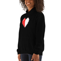 Pixel Half Heart design on unisex hoodie, left-front view