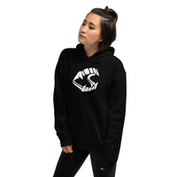 White Novelty Vampire Fangs design on unisex hoodie, left-front view
