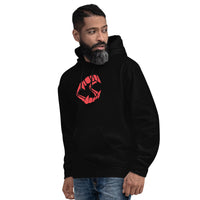 Red Novelty Vampire Fangs design on unisex hoodie, left-front view