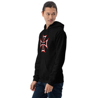 Red White Iron Cross design on unisex hoodie, left-front view