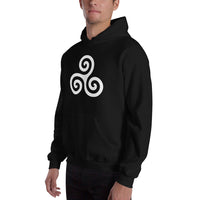 White Triskelion design on unisex hoodie, left-front view