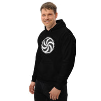 White Deadly Swirl design on unisex hoodie, left-front view
