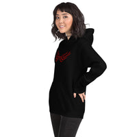 Red Falling Sparrows design on unisex hoodie, left-front view
