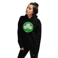 Silver Shamrock Novelties design on unisex hoodie, left-front view