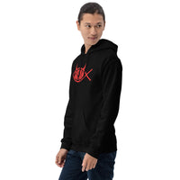 Red Satan Fish design on unisex hoodie, left-front view