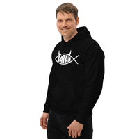 White Satan Fish design on unisex hoodie, left-front view