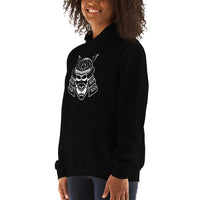 White Samurai Kabuto Mask design on unisex hoodie, left-front view